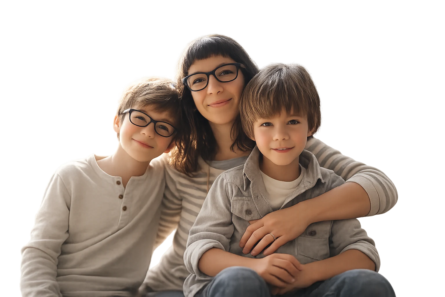 A parent and two children wearing glasses